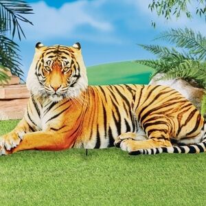 Metal Photo-Realistic Laying Tiger 2 Piece Garden Outdoor Lawn Art With Stake